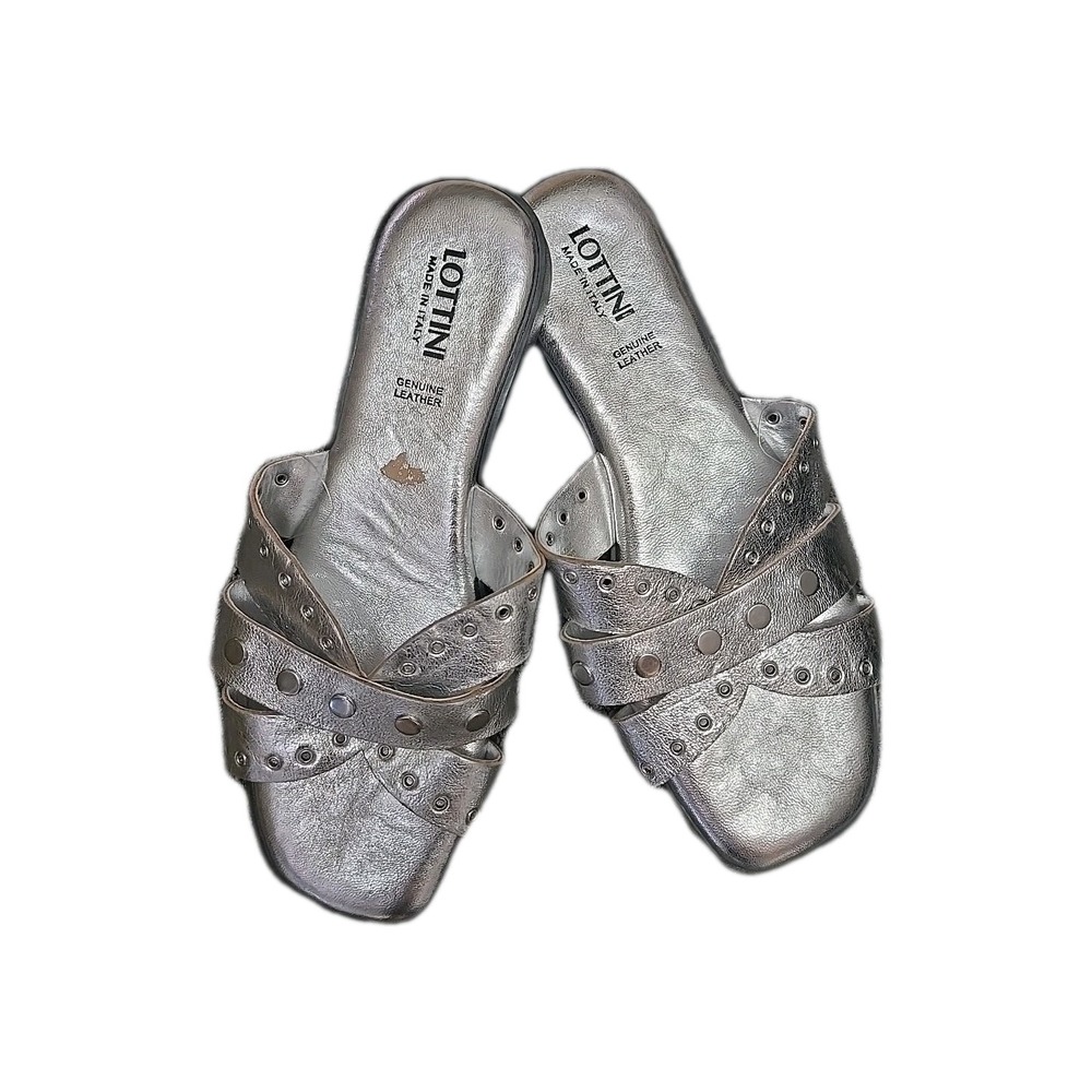 Lottini Silver Studded Leather Slides Sandals Women's SZ 8M, New Few Scuffs
